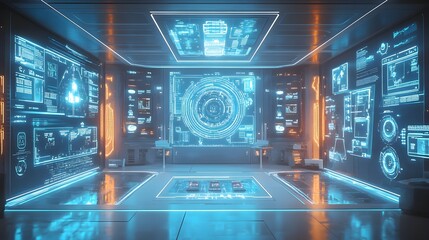Obraz premium Food factory control center with glowing holographic displays, advanced AI quality scanners, clean, minimalist industrial setting, soft neon blue and white lighting, Futuristic, 3D Render