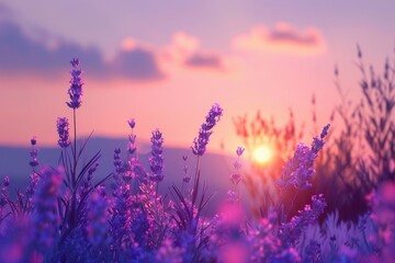 Naklejka premium Serene Sunrise Over Lavender Fields