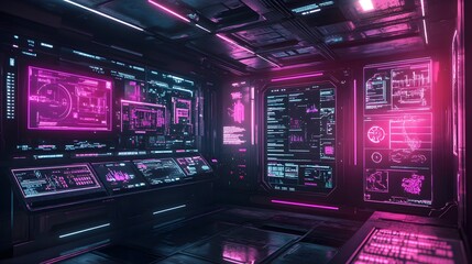 Fototapeta premium Futuristic control hub with digital dashboards, glowing AI icons monitoring food quality, soft light reflections on glass surfaces, cyberpunk aesthetic, neon pink accents
