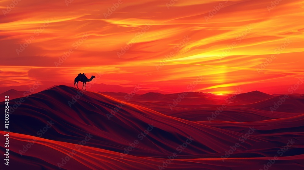 Poster Serene Camel Silhouette at Desert Sunset