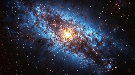 A stunning blue galaxy unfolds in a high-quality photo, showcasing a breathtaking cosmic landscape filled with swirling clouds of gas and clusters of stars. 