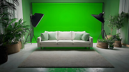 A white sofa with green cushions sits in front of a green screen in a studio setting, flanked by plants and lights.