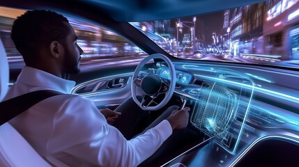 Interno di un'auto futuristica con tecnologia avanzata, rete digitale e design virtuale. Guida autonoma nella città notturna, dove innovazione e velocità si fondono.
