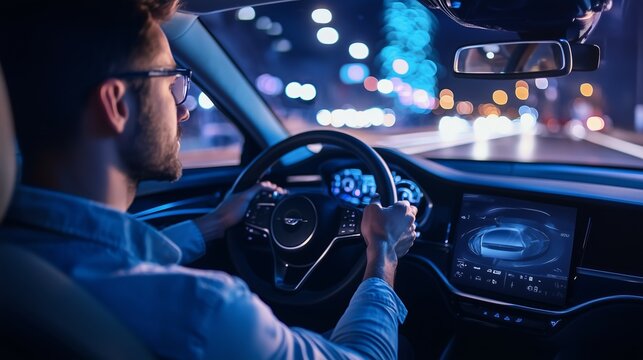 Interno di un'auto futuristica con tecnologia avanzata, rete digitale e design virtuale. Guida autonoma nella citt&agrave; notturna, dove innovazione e velocit&agrave; si fondono.
