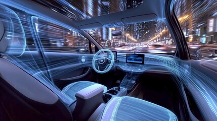 Interno di un'auto futuristica con tecnologia avanzata, rete digitale e design virtuale. Guida autonoma nella città notturna, dove innovazione e velocità si fondono.
