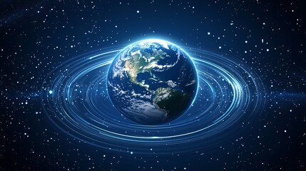 Fototapeta premium A dark blue vector background features a striking depiction of Planet Earth at the center, surrounded by abstract technological rings.