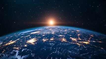 Fototapeta premium A breathtaking view of planet Earth from space reveals the vibrant glow of cities and regions illuminated by lights during the night.