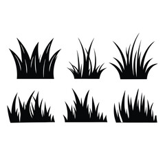 Minimalist Grass Silhouette in Black, Six Abstract Shapes for Meadows or Lawns, Flat Vector Graphics
