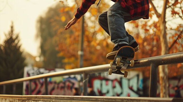 Skateboarder performing a stylish rail grind trick in a gritty urban skateboarding setting at night.