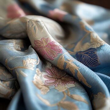 Elegant fabric with floral embroidery, soft and luxurious texture.