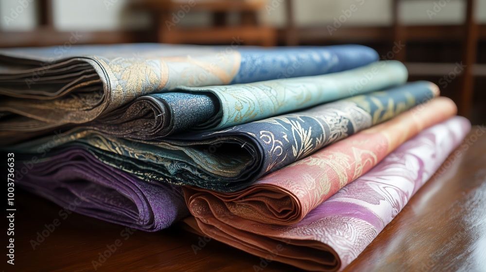 Poster neatly folded assorted fabrics on a wooden table in soft lighting.