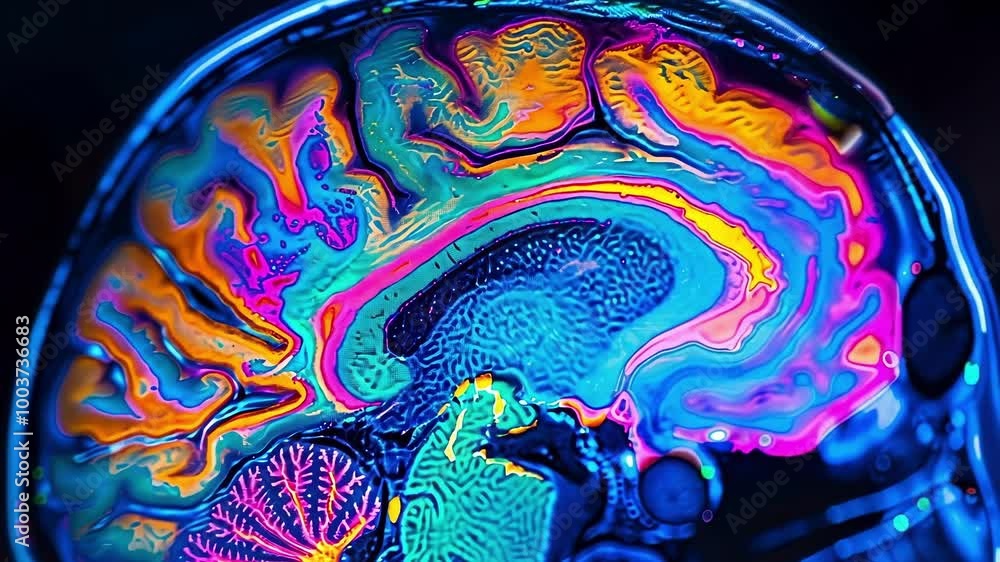 Poster colorful image representing the complexity of the human brain highlighting neural connections and pa