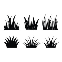 Minimalist Grass Silhouette in Black, Six Abstract Shapes for Meadows or Lawns, Flat Vector Graphics