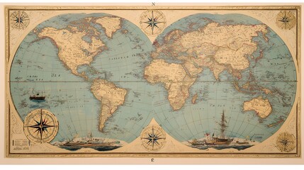 Naklejka premium Antique World Map with Compass Roses