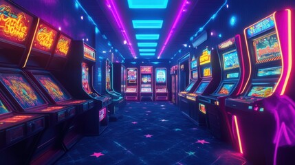 3D glow effect of a neon-lit arcade game with bright, pulsating lights and detailed, futuristic