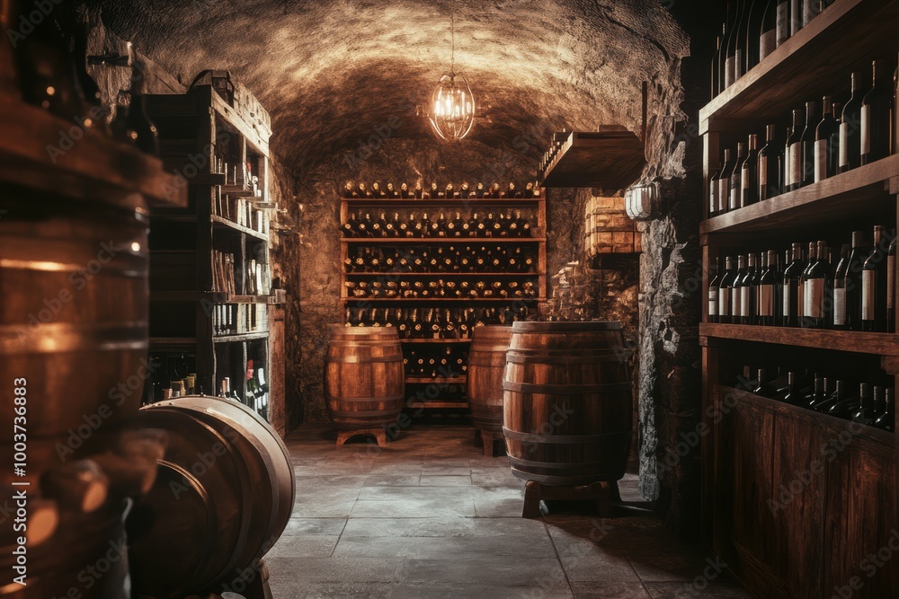 Poster Wine cellar showcasing wooden barrels and meticulously organized shelves filled with various wine bottles in a rustic environment. Generative AI
