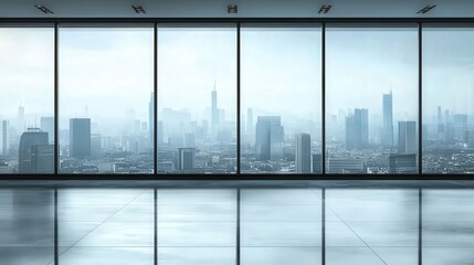Fototapeta premium Empty Office with Large Glass Window Over Cityscape