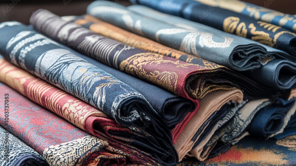 Poster colorful stacked fabrics in various patterns and textures.