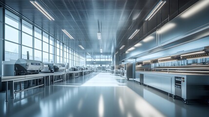 Obraz premium A high-tech, futuristic food processing plant with AI-driven machines overseeing the entire production, seamless efficiency and cleanliness