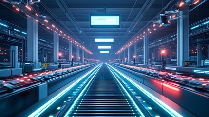 Futuristic conveyor belt with flying drones, scanning food items with holographic displays, high-tech sensors, 3D rendering, neon-lit industrial warehouse, blue and white lighting