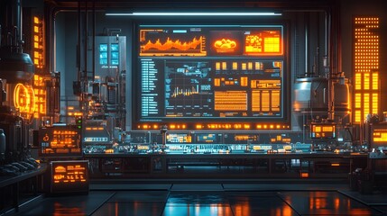 Fototapeta premium AI-powered food factory in a futuristic city, robotic systems running continuous quality control checks, large LED screens displaying product stats