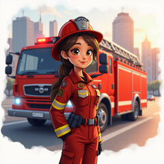 Digital illustration of a female firefighter standing next to a red fire truck, set against a city skyline during sunset.