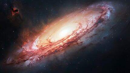 Obraz premium A stunning galaxy stretches across the vastness of space, its spiral arms glowing with clusters of stars and illuminated by swirling clouds of gas and dust.