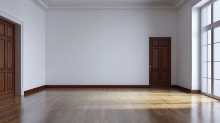 Fototapeta premium Empty Room with White Wall and Dark Wood Trim