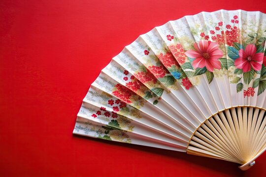 ntrast; the fan is unfolded halfway allowing the intricate details of the fan ribs and the beautiful fabric to be seen; a copy space is available on the red backdrop for personalized content or text