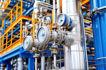 Industrial pressure gauges and pipes in a factory