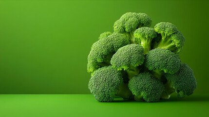 A Cluster of Fresh Green Broccoli Florets on a Solid Green Background