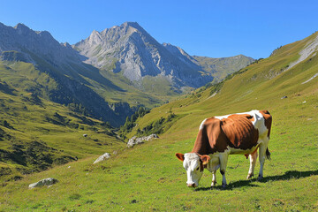A serene landscape featuring a grazing cow in a lush green meadow, surrounded by majestic mountains under a clear blue sky.