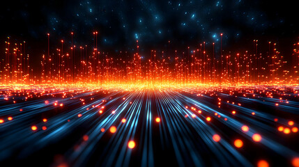 Obraz premium Abstract 3D Digital Art Background with Red and Blue Glowing Lines and Dots