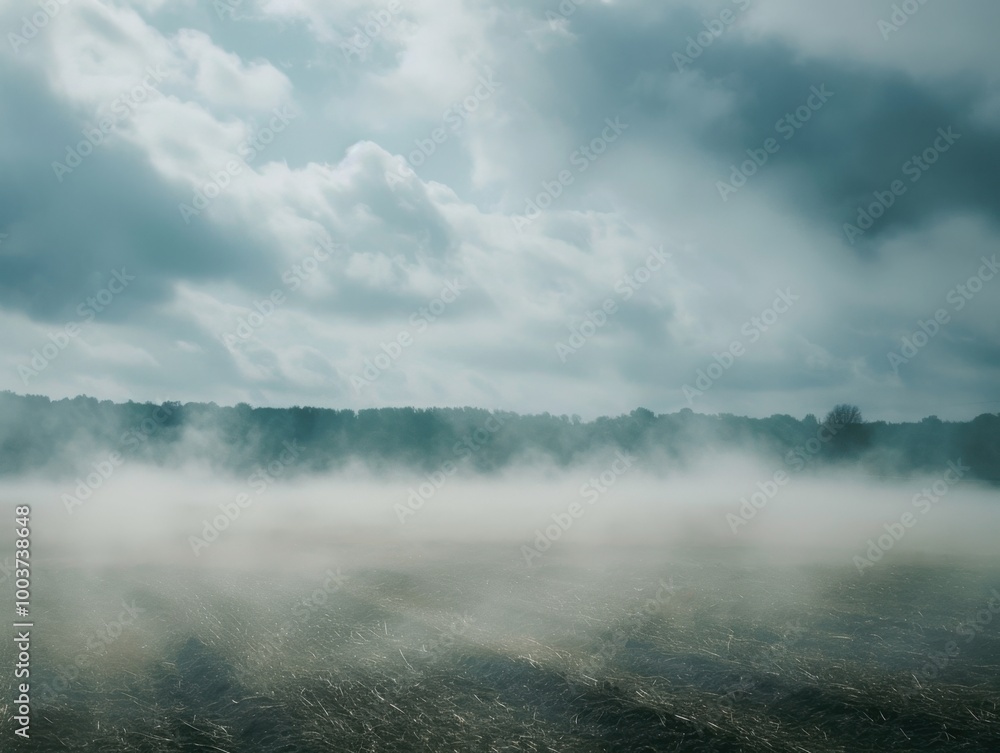 Wall mural Misty Landscape with Cloudy Sky Over Fields