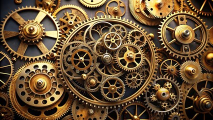 Intricate arrangement of golden metal clocks, interlocking gears, and mechanical components set against a mysterious black background, evoking a sense of industrial sophistication.