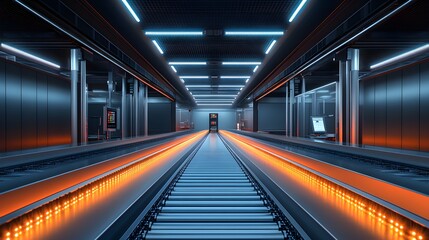 A futuristic food factory with AI-powered laser systems scanning food products on a conveyor belt, detecting contamination in real-time with vibrant holographic displays