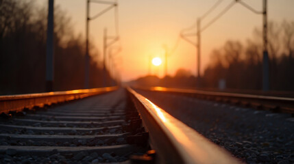 Warm evening light bathes railroad ties and metal rails heading into distance