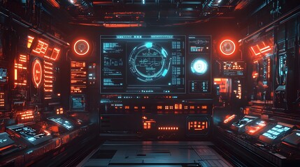 Obraz premium A digital interface floating above food production lines, showing AI-driven metrics, neon lights, sleek transparent surfaces, steampunk meets futuristic style, dark tones