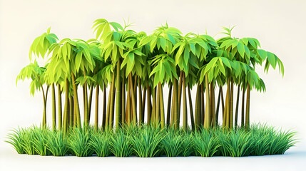 Obraz premium 3D Render of a Lush Bamboo Forest with Green Grass Underneath, Isolated on a White Background