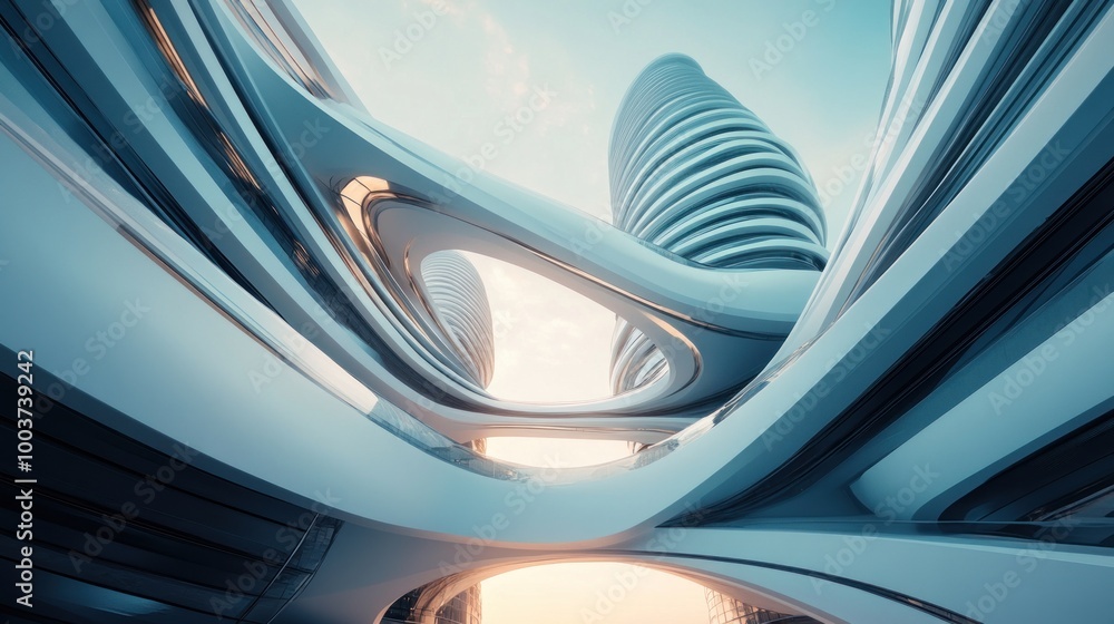 Poster futuristic architectural design featuring smooth curves and towering structures.