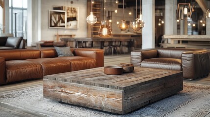 A high-end living room combining a rustic wooden coffee table