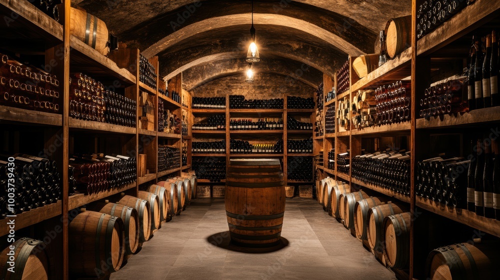 Poster explore an elegant wine cellar filled with wooden barrels and neatly stacked shelves of fine wine bo