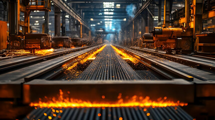 Industrial Manufacturing Process with Sparks Flying from Metal Being Cut by Machine in a Factory Setting