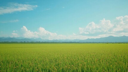 Fototapeta premium Lush Green Rice Field Under Clear Blue Sky
