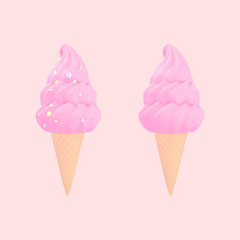 3D render a set of cartoon pink soft serve ice cream objects on pink background.