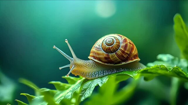 A green leaf serves as the path for the slow movement of a snail