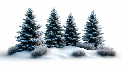 Fototapeta premium 3D Render of Four Snow-Covered Pine Trees in a Winter Landscape