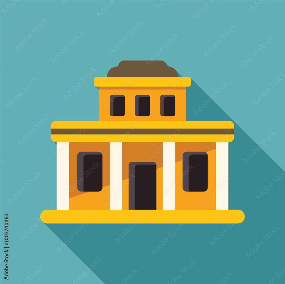 Poster yellow building facade with columns and windows casting long shadow on turquoise background, in flat