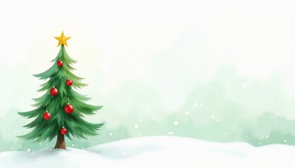 Festive Fir Tree Decorated with Red Ornaments and Star in a Snowy Landscape