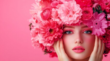 Naklejka premium Portrait of a woman with a vibrant flower crown against a pink background, showcasing beauty and style.